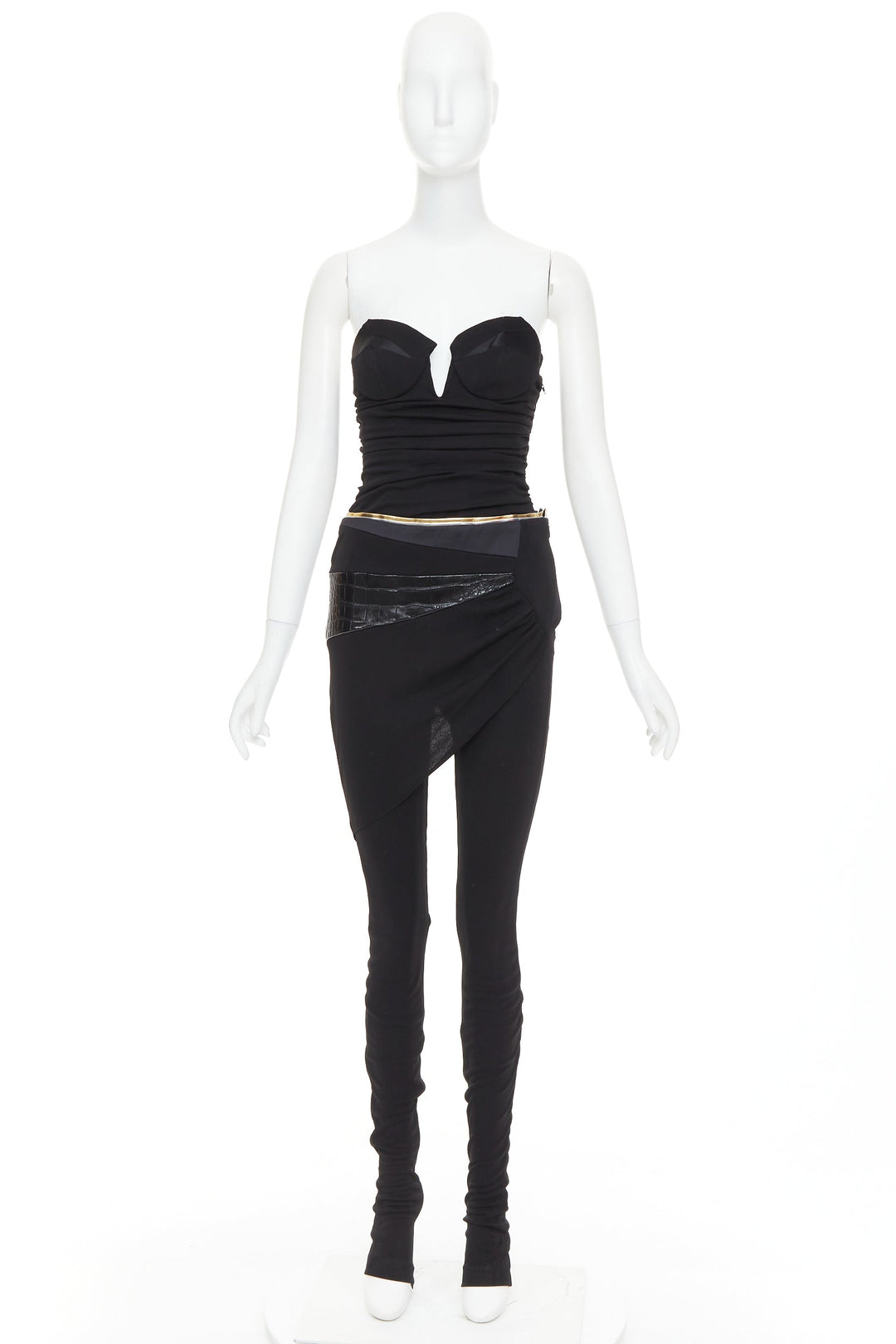 ALEXANDRE VAUTHIER Vintage black faux croc patchwork sweetheart bust jumpsuit