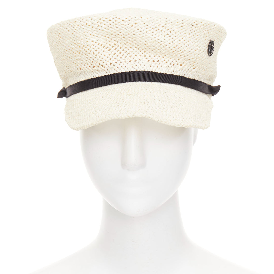 MAISON MICHEL Abbey Sailor light beige raffia MM logo black ribbon cap M