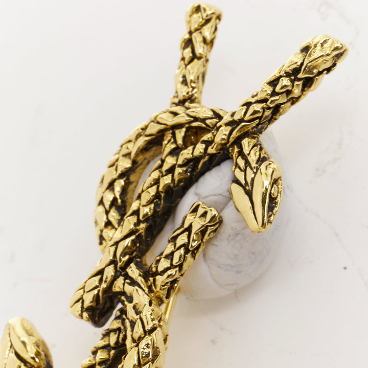 SAINT LAURENT 2022 Cassandre Opyum Snake YSL aged gold textured metal pin brooch
