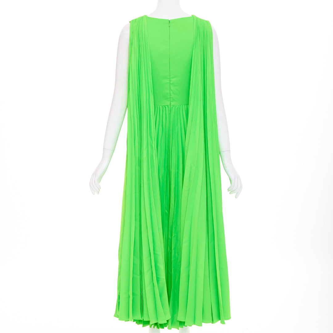 VALENTINO 2019 neon green accordion pleated caped shoulder crepe dress IT40 S