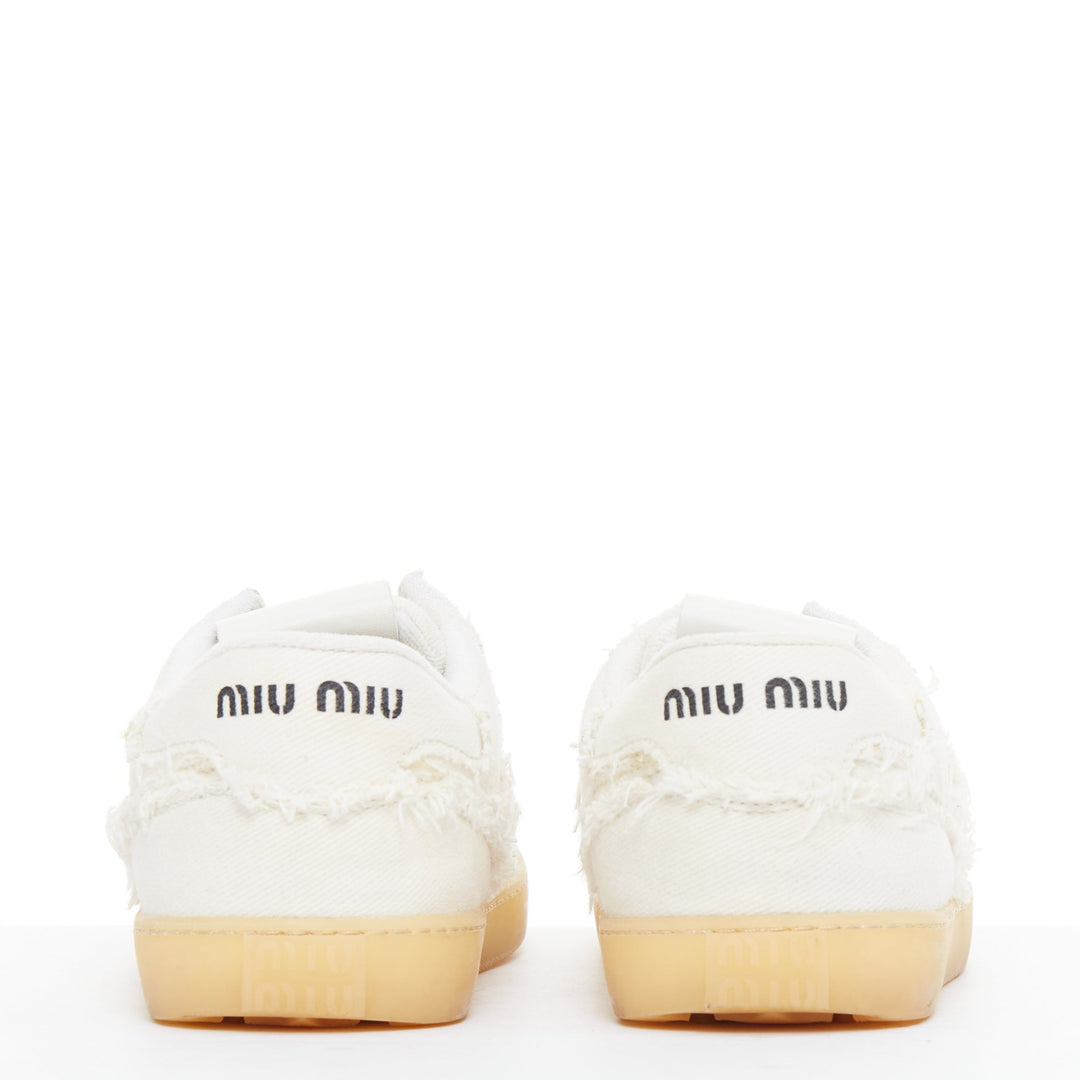 MIU MIU Denim beige raw cut frayed canvas skateboard sneakers EU37