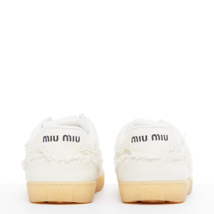 MIU MIU Denim beige raw cut frayed canvas skateboard sneakers EU37