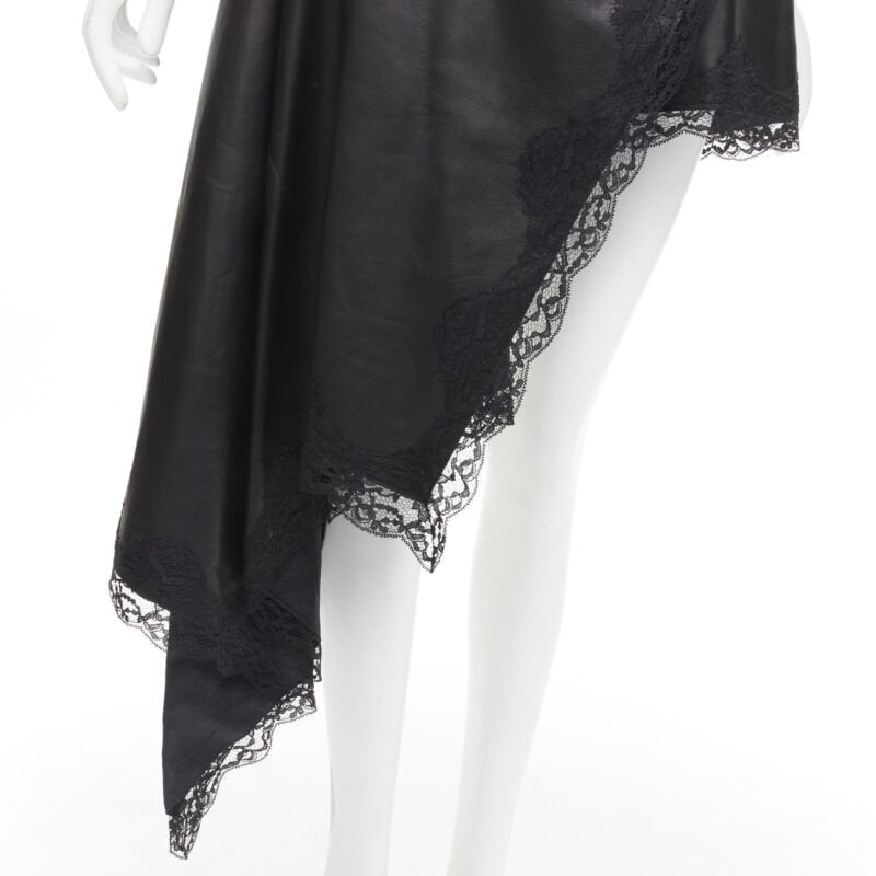ALEXANDER MCQUEEN 2022 black leather lace asymmetric wrap draped dress IT38 XS
