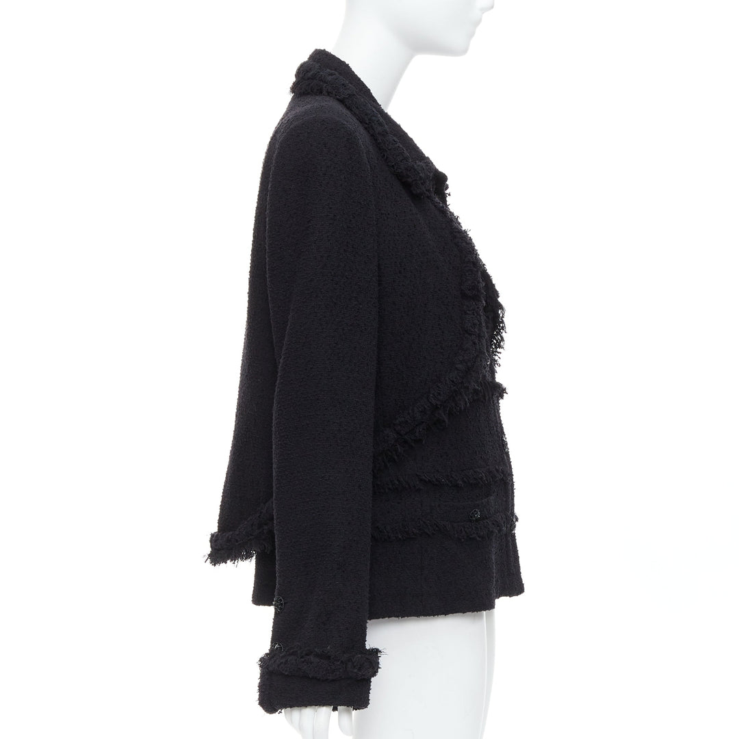 CHANEL 08A Runway black tweed braided fringe tromp loeil 4 pocket jacket FR46