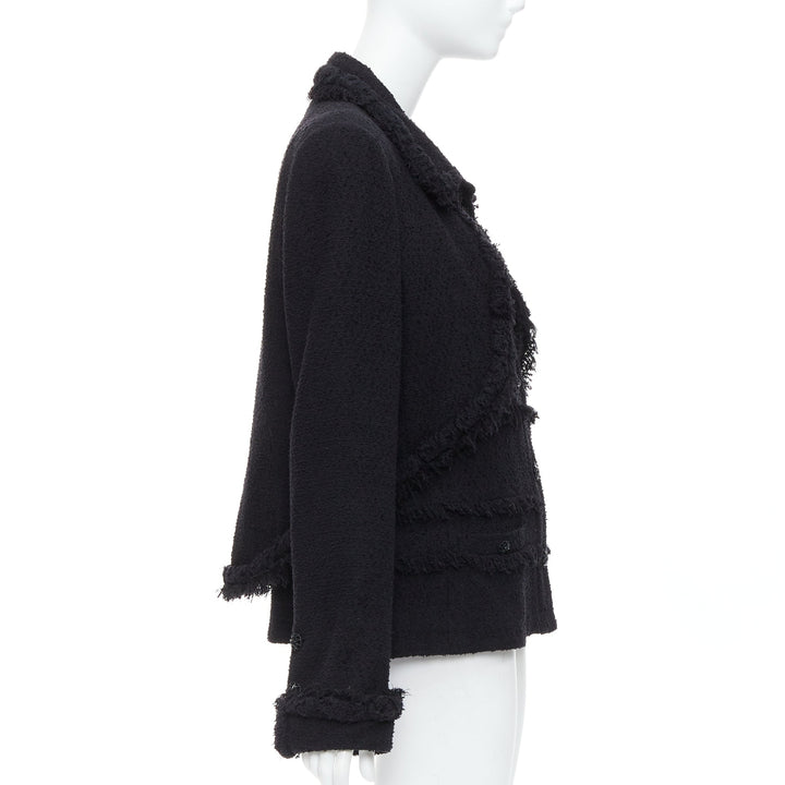 CHANEL 08A Runway black tweed braided fringe tromp loeil 4 pocket jacket FR46