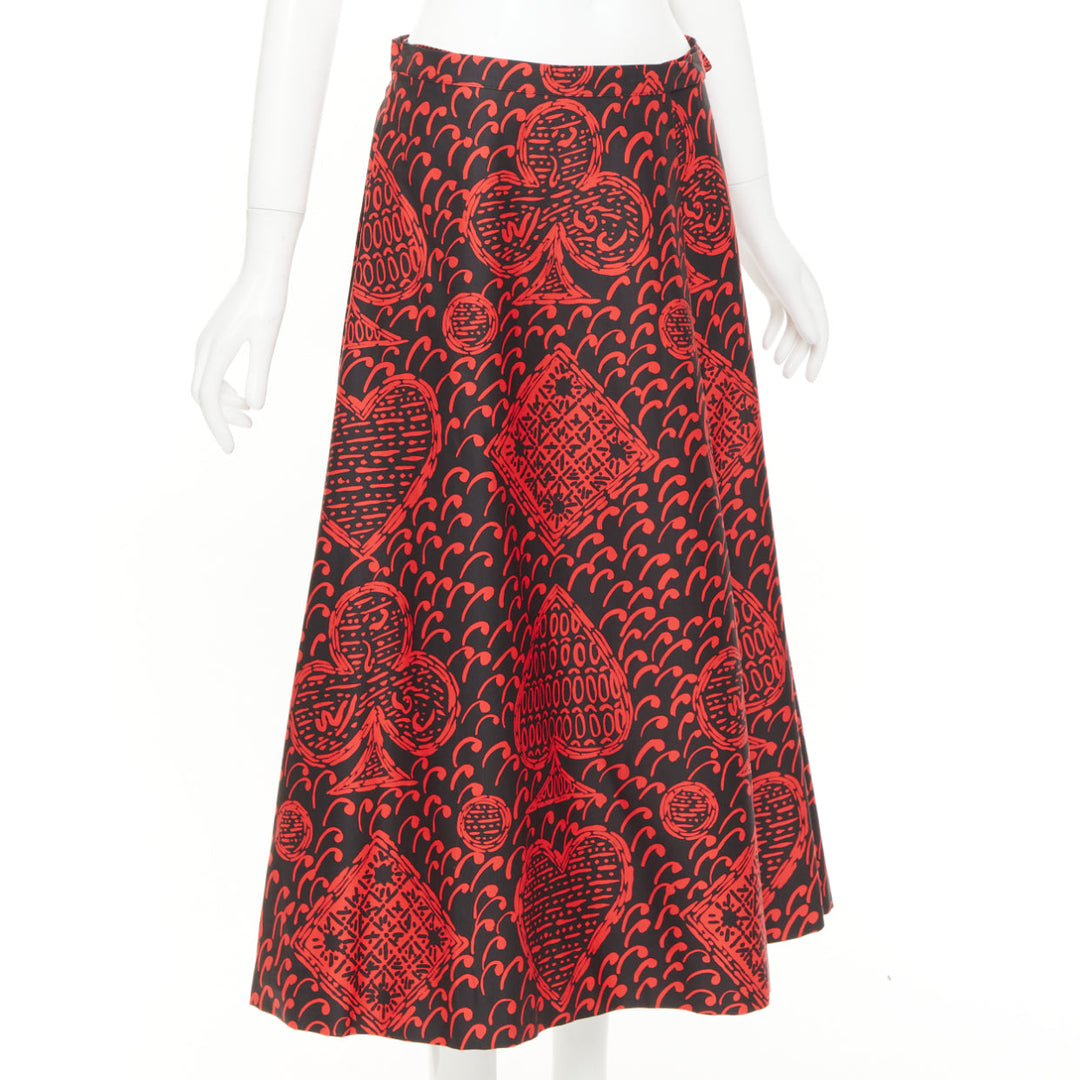 DIOR Diorarmour black red cotton playing cards print wrap midi skirt FR36 S