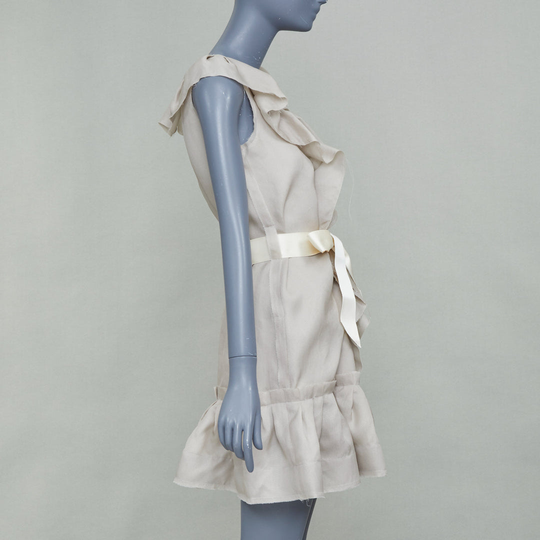 LANVIN 2008 light grey ruffle silk sleeveless bow belted mini dress FR34 XS