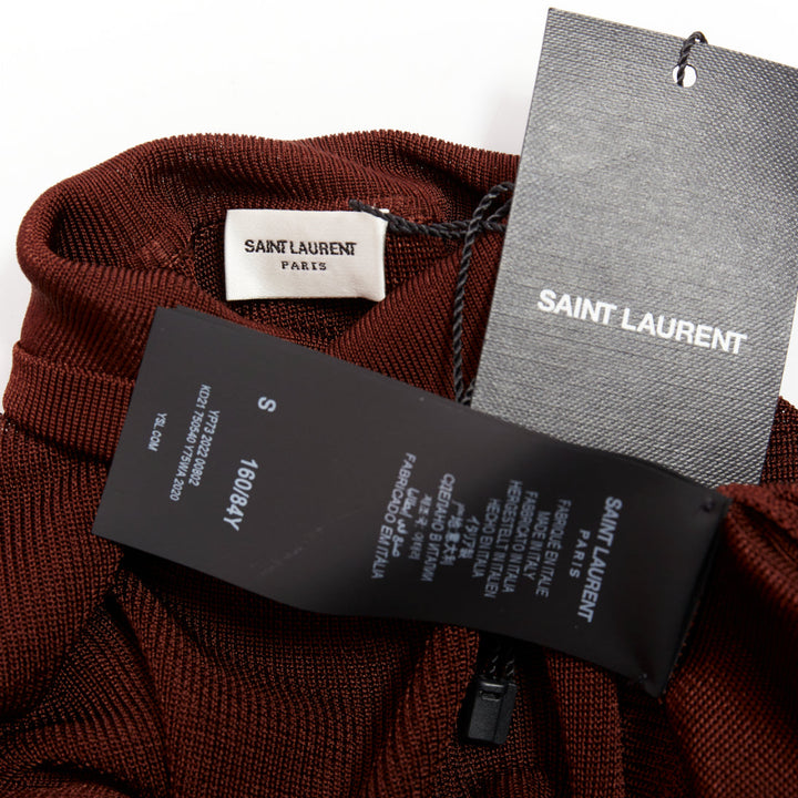 SAINT LAURENT 2023 Runway chocolate dark brown mock neck sheer knit maxi dress S