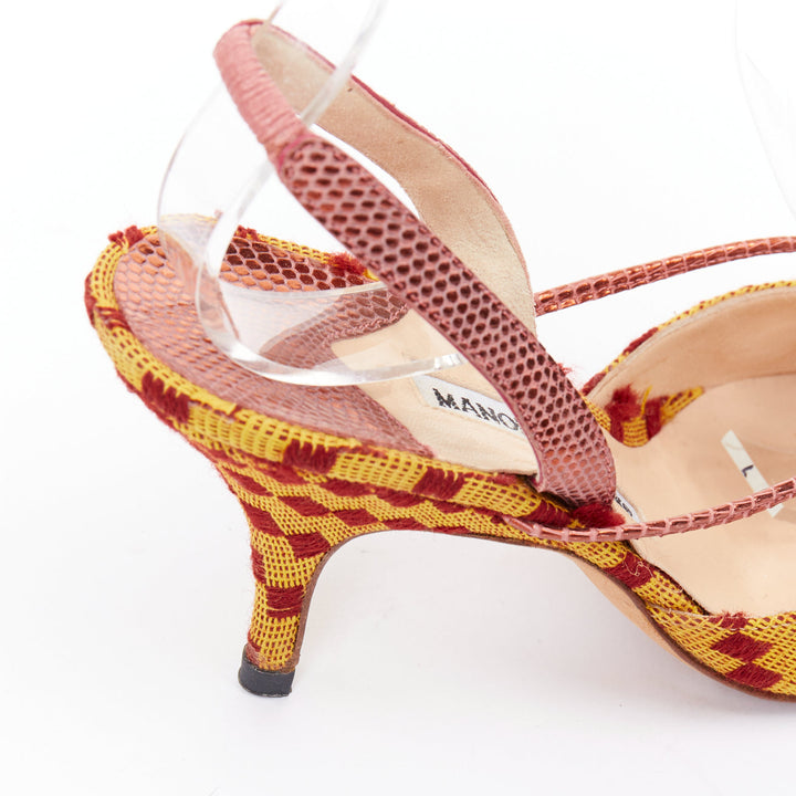 rare MANOLO BLAHNIK Vintage red yellow scaled crystal buckle slingback pump EU37