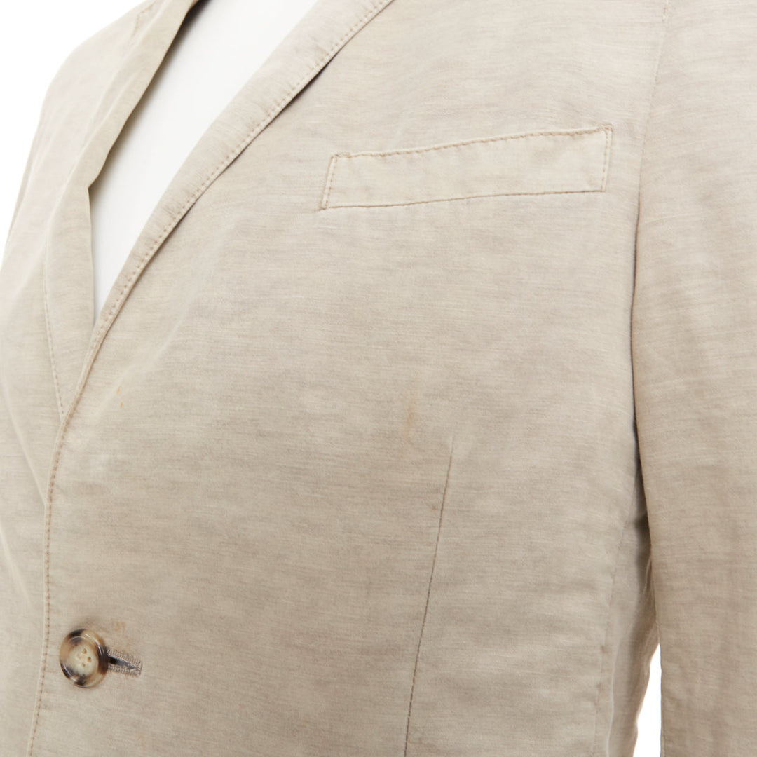 PRADA beige coated linen cotton flap pockets two button relaxed blazer IT48 M