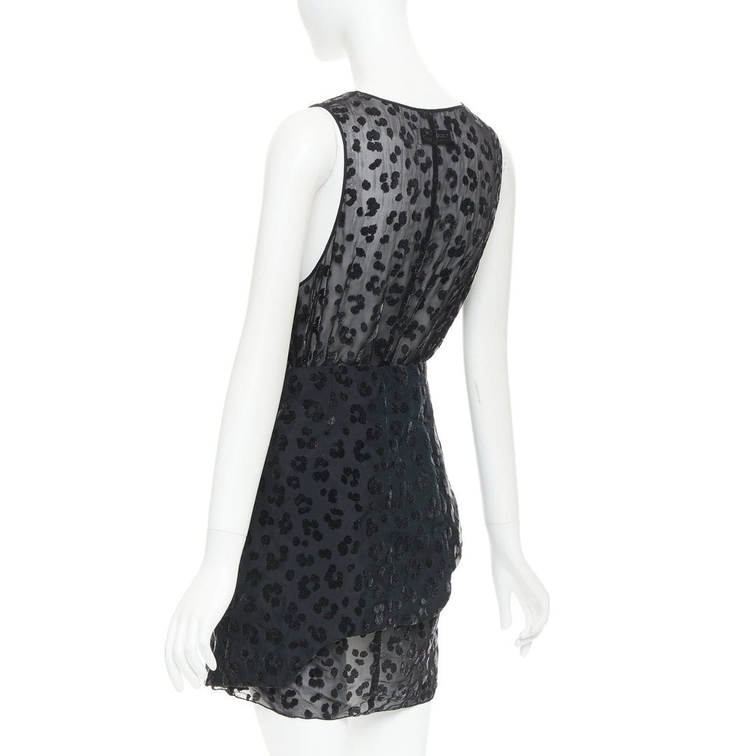 TOGA ARCHIVES black viscose silk sheer leopard flocking cow belted dress JP1 S