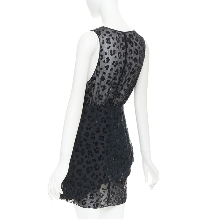 TOGA ARCHIVES black viscose silk sheer leopard flocking cow belted dress JP1 S