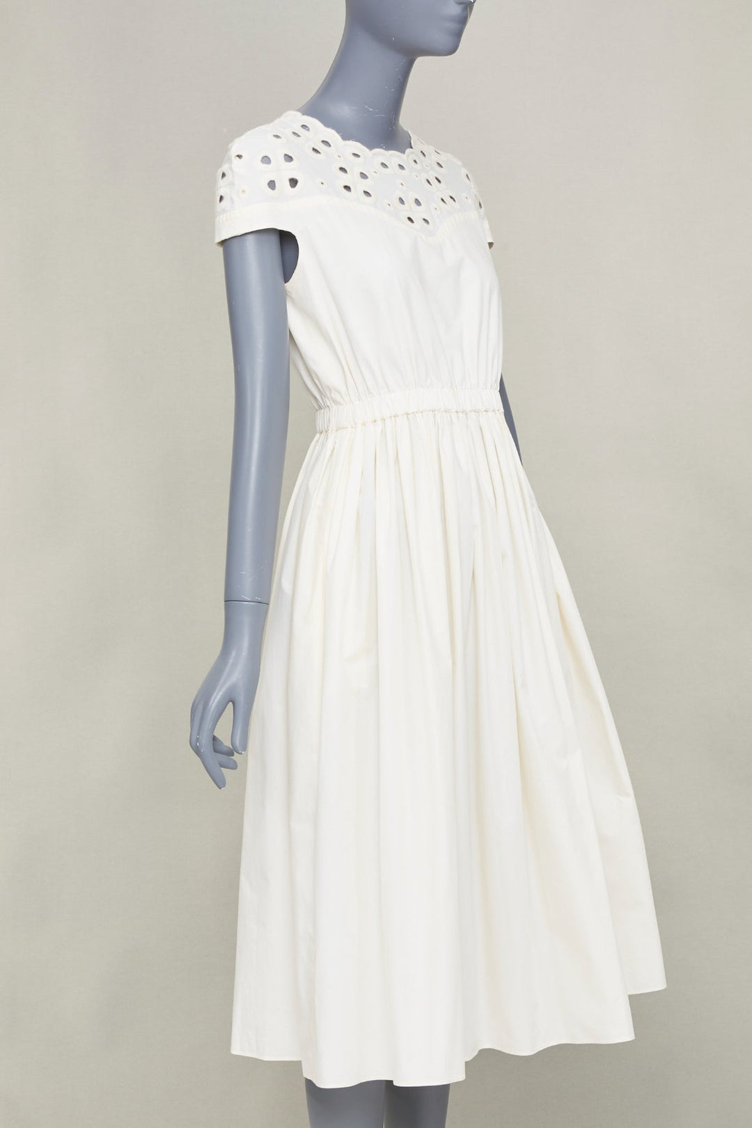 FENDI eyelet cutout scalloped yoke white cotton poplin midi dress IT40 S