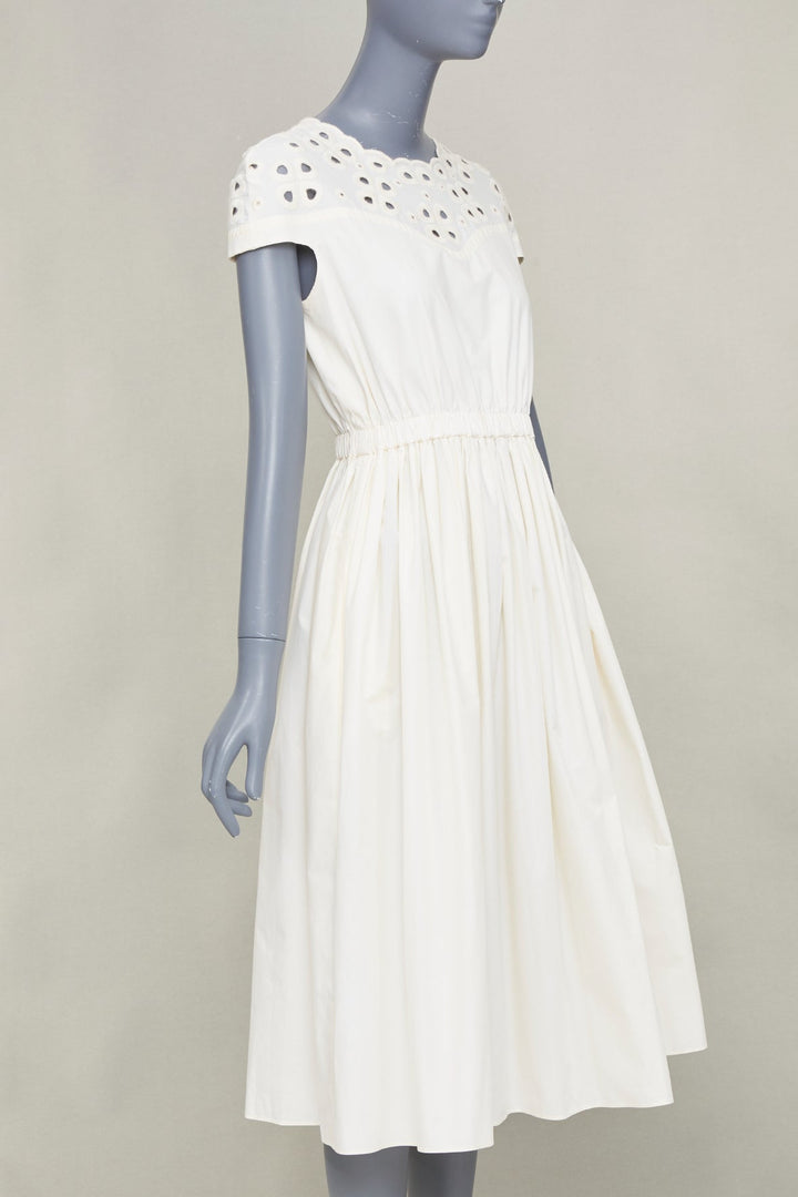 FENDI eyelet cutout scalloped yoke white cotton poplin midi dress IT40 S
