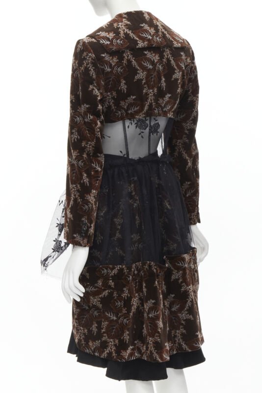 Runway COMME DES GARCONS Vintage brown velvet floral mesh coat corset skirt  S