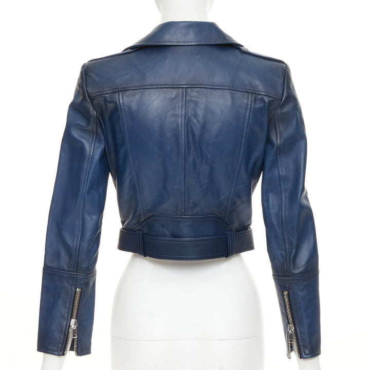 ALEXANDER MCQUEEN Asymmetric blue leather belted cropped biker outerwear IT40 S