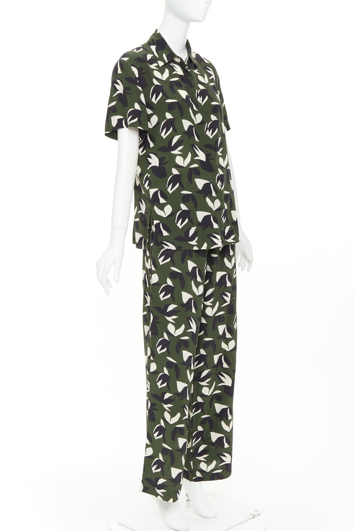 MATTEAU  100% silk  green black geometric print shirt pant set UK6 XS