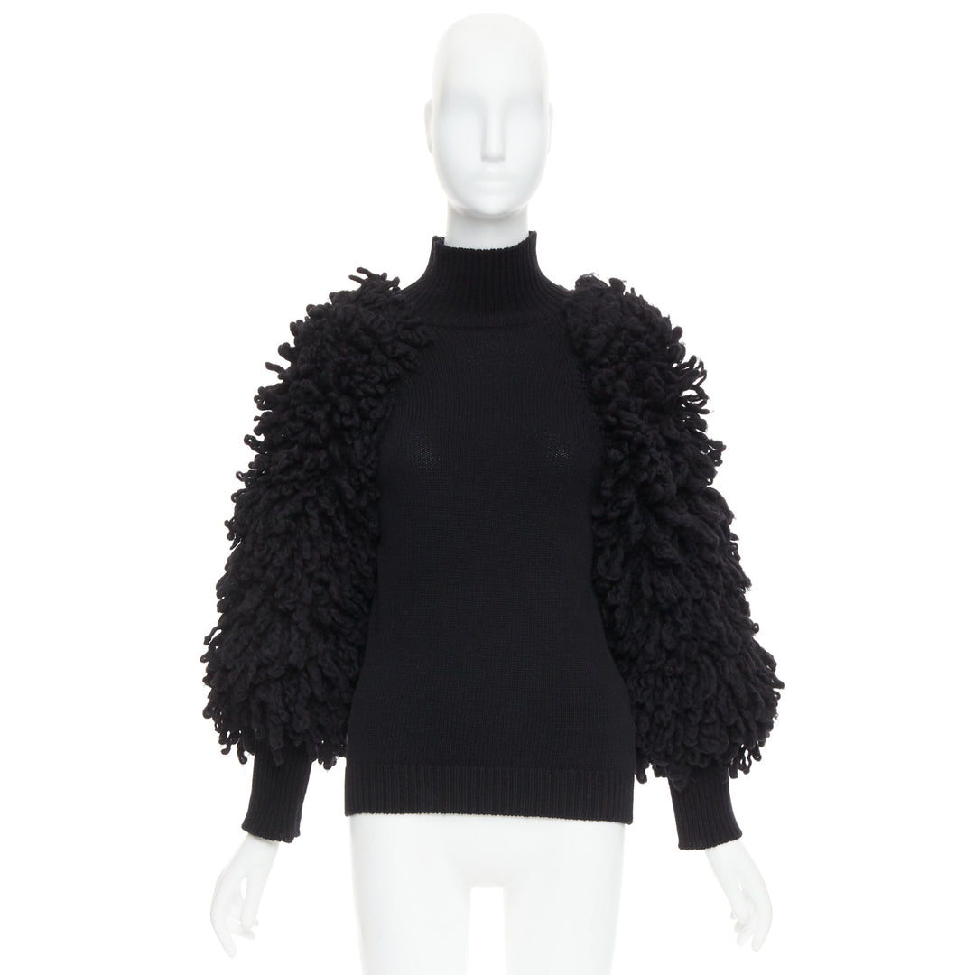 VALENTINO 2024 black virgin wool boucle yarn sleeves turtleneck sweater S