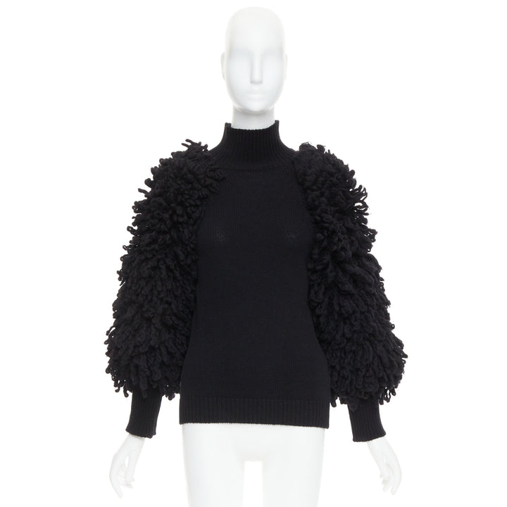 VALENTINO 2024 black virgin wool boucle yarn sleeves turtleneck sweater S