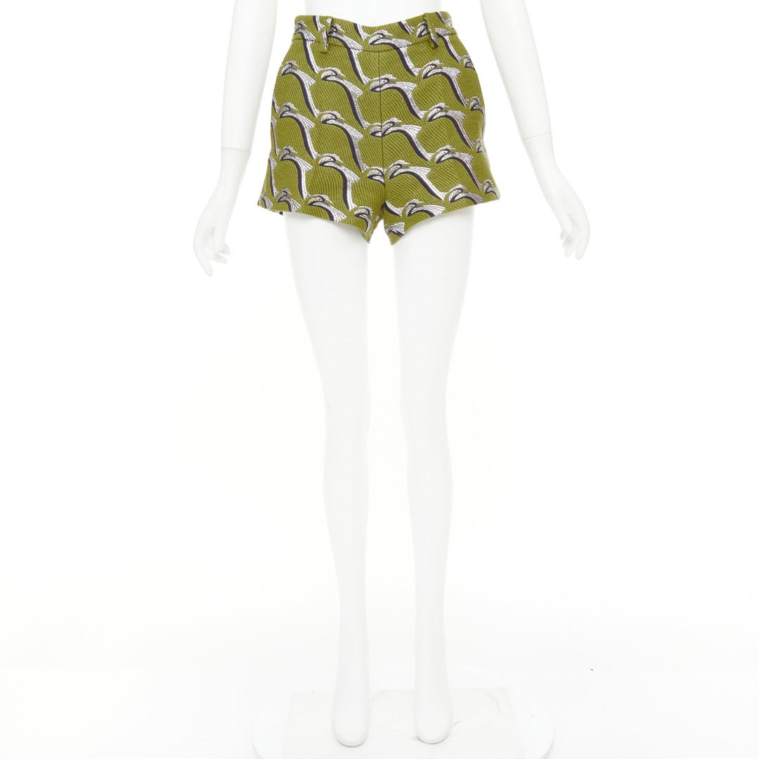 GUCCI 2024 Runway green grey Heron bird jacquard highwaist formal shorts IT38 XS