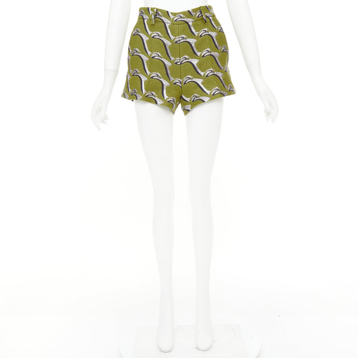 GUCCI 2024 Runway green grey Heron bird jacquard highwaist formal shorts IT38 XS