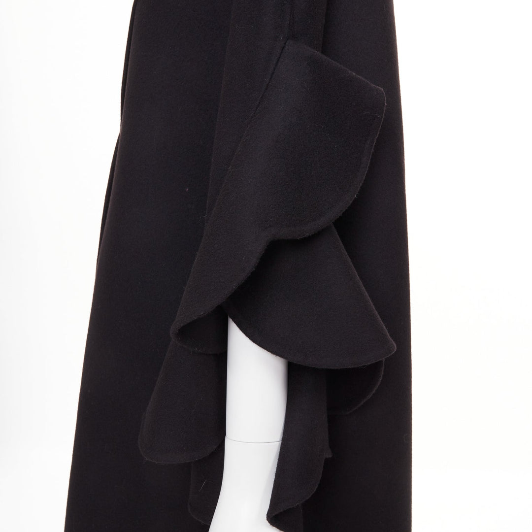 VALENTINO black virgin wool cashmere blend tiered ruffle sleeve overcoat IT46 XL