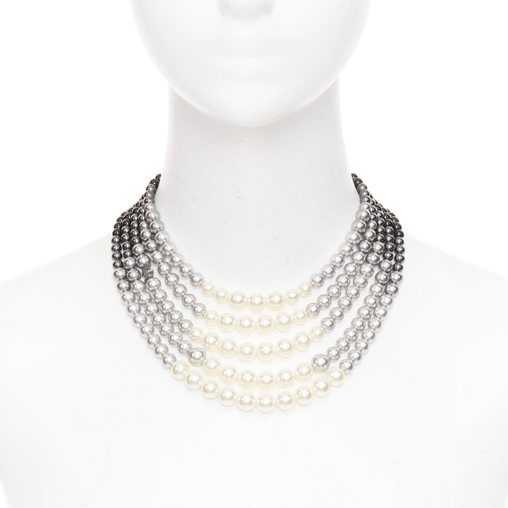 CHANEL 13B black white grey ombre CC multi-strand resin pearl collar necklace