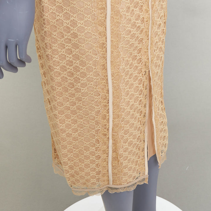 GUCCI 2022 Runway Aria beige nude GG mesh lace lingerie midi skirt M
