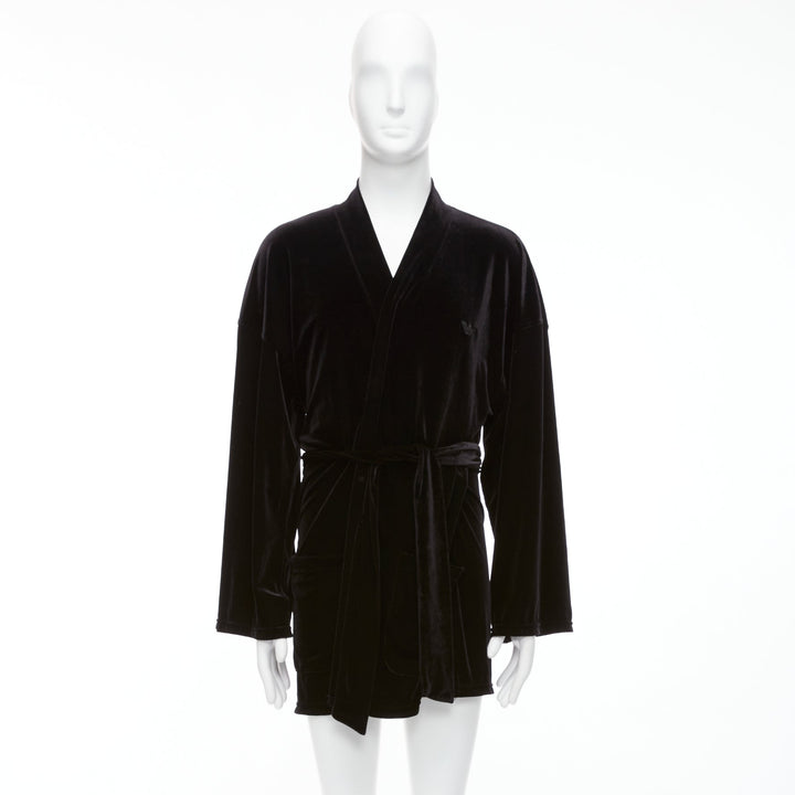 EMPORIO ARMANI black velvet GA embroidered logo belted robe jacket M