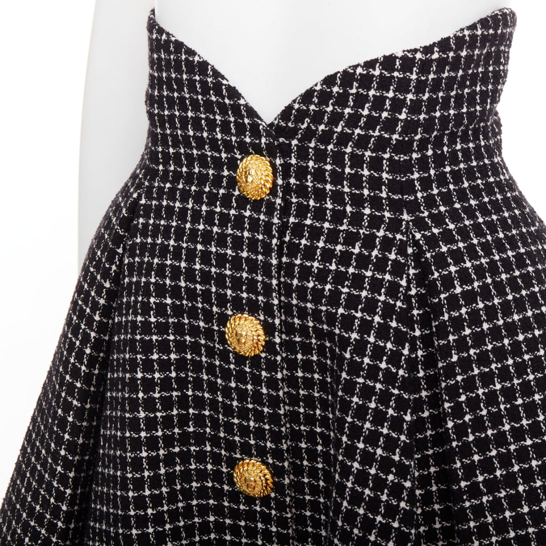 BALMAIN Tulip black white houndstooth cotton tweed flare skater skirt FR34 XS