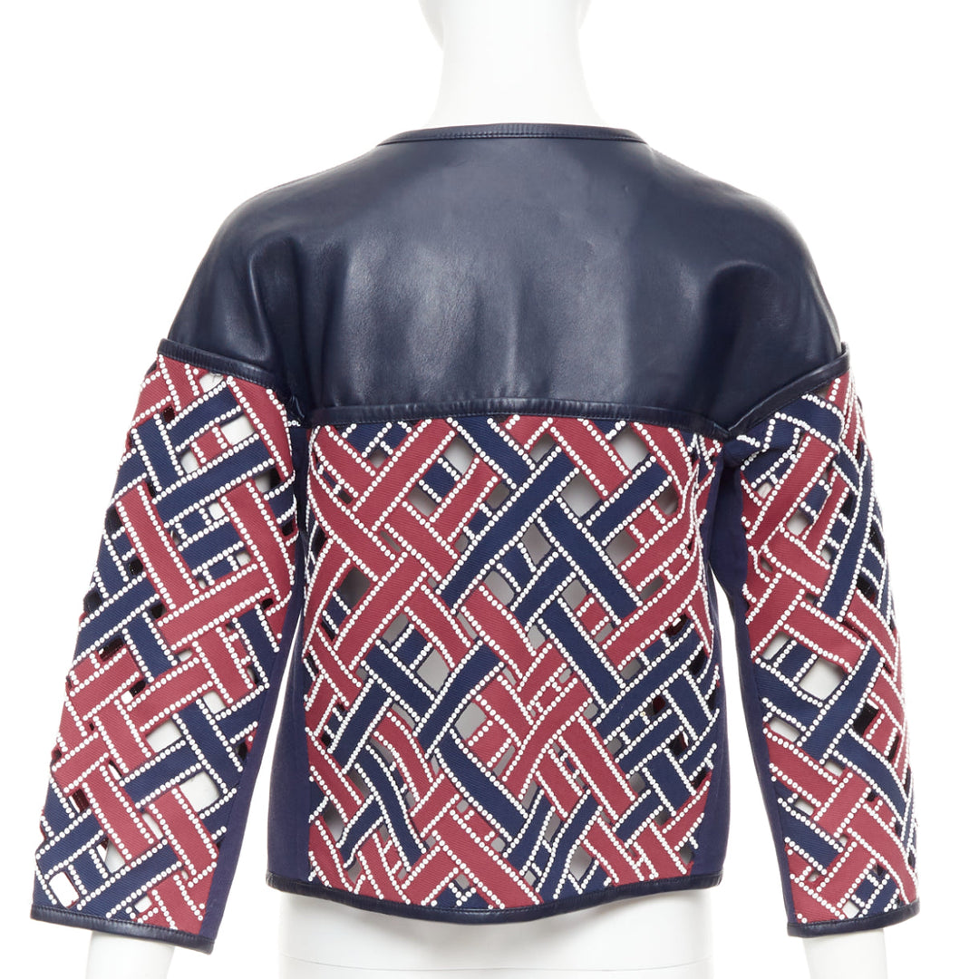 LOUIS VUITTON 2012 Runway navy red sequinned cut out woven leather jacket FR36 S