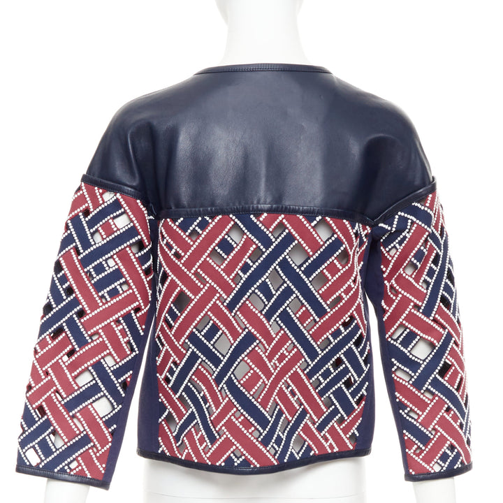 LOUIS VUITTON 2012 Runway navy red sequinned cut out woven leather jacket FR36 S