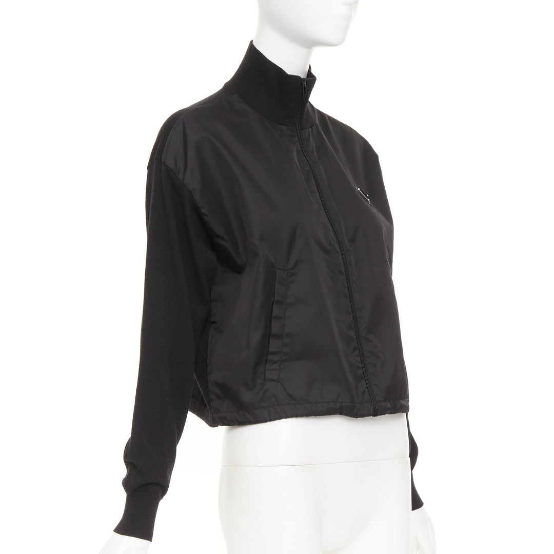 PRADA 2021 black Re Nylon wool silver plague logo high neck zip jacket IT38 XS