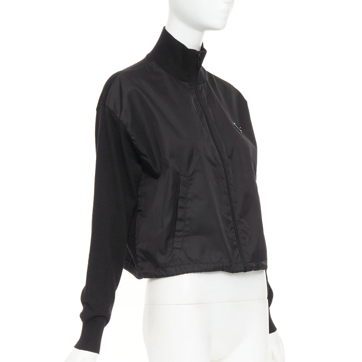 PRADA 2021 black Re Nylon wool silver plague logo high neck zip jacket IT38 XS
