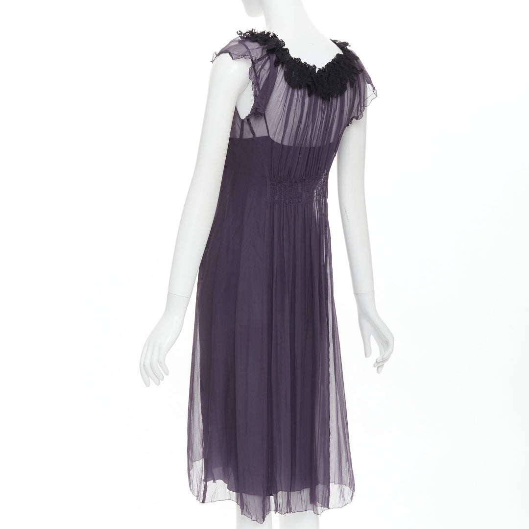 LANVIN Vintage purple silk black lace trim ruched waist sheer dress FR38 M