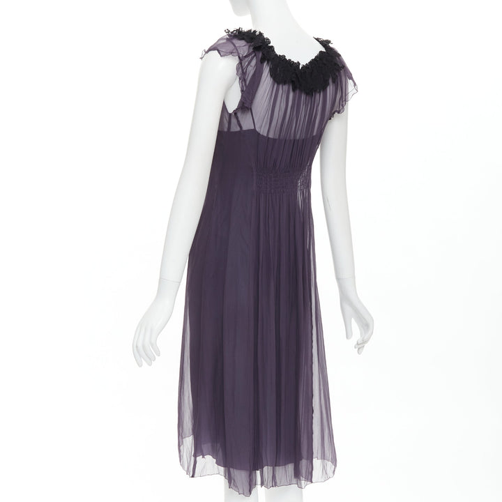 LANVIN Vintage purple silk black lace trim ruched waist sheer dress FR38 M