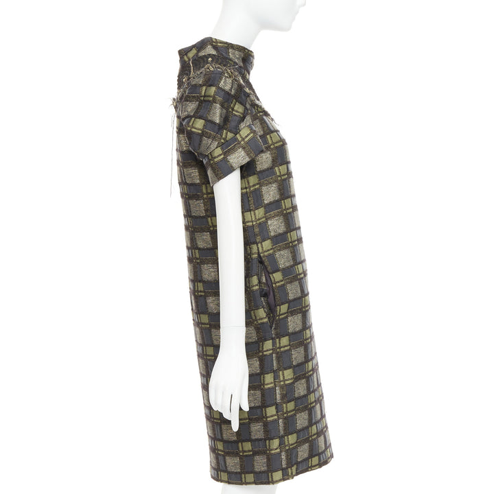 MARNI bronze grey embellished collar checked brocade dress IT36 XXS