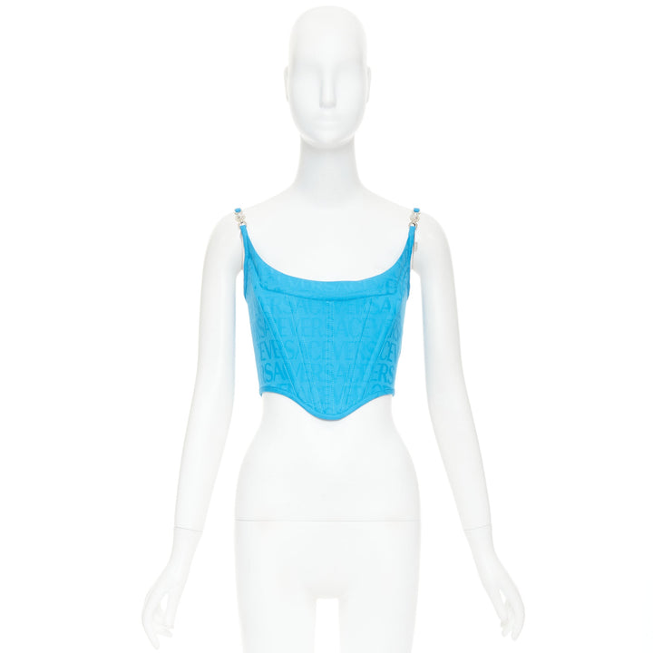 new VERSACE Medusa '95 Mediterranean Blue monogram boned bustier top IT38 XS