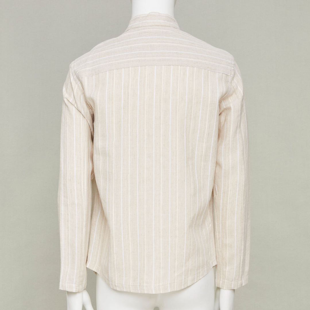 ADAMO beige vertical stripe mandarin collar button up long sleeve shirt M