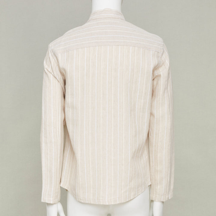 ADAMO beige vertical stripe mandarin collar button up long sleeve shirt M