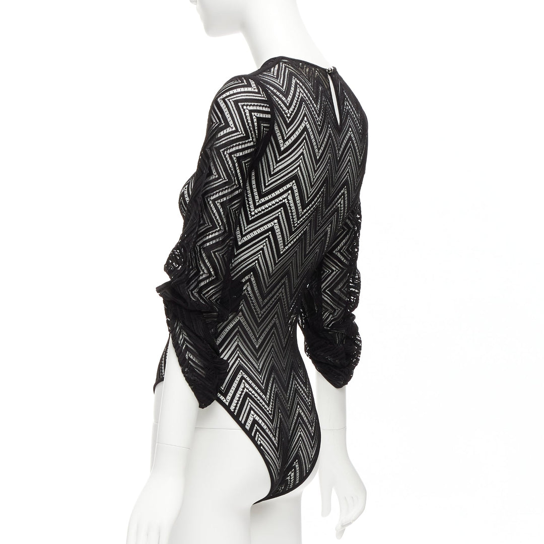 ROLAND MOURET black chevron lattice lace draped charm sleeves bodysuit top XS
