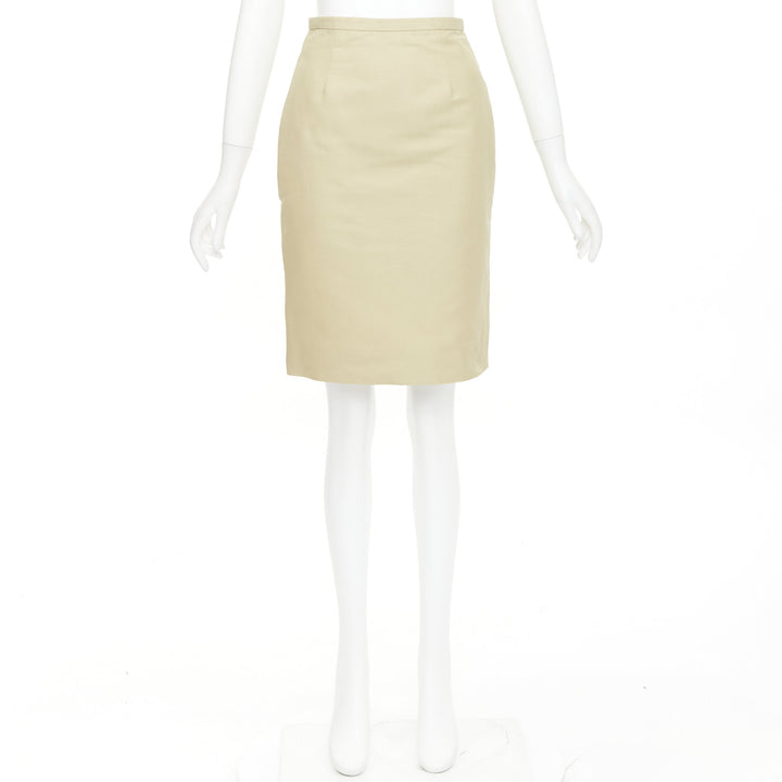 VALENTINO khaki cotton silk darted high waist back slit pencil skirt US2 S