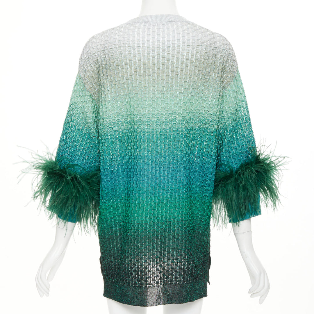 VALENTINO 2023 green grey lurex ombre ostrich feather trim knitted tunic top XS