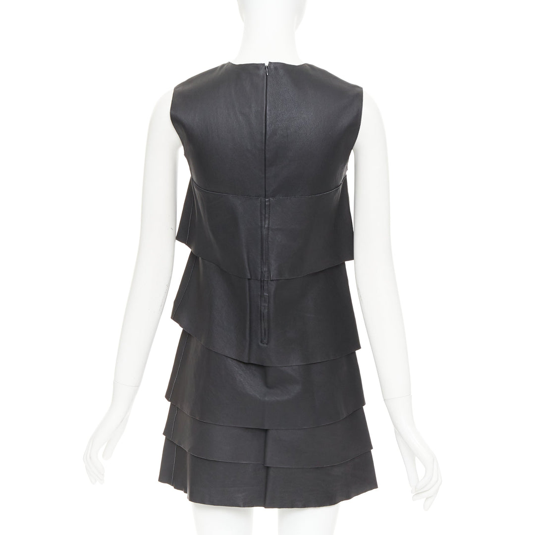 CELINE 2014 Phoebe Philo black lambskin leather crew tiered mini dress FR38 M