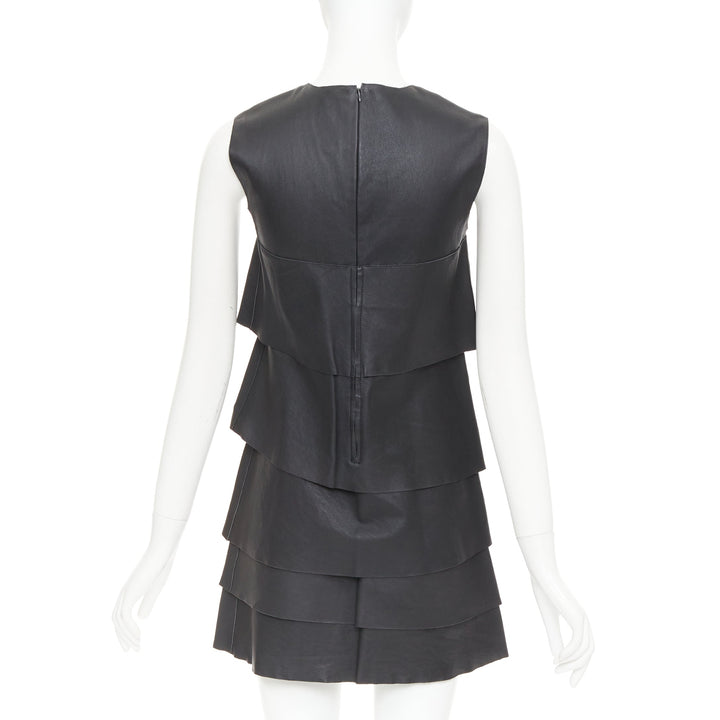 CELINE 2014 Phoebe Philo black lambskin leather crew tiered mini dress FR38 M