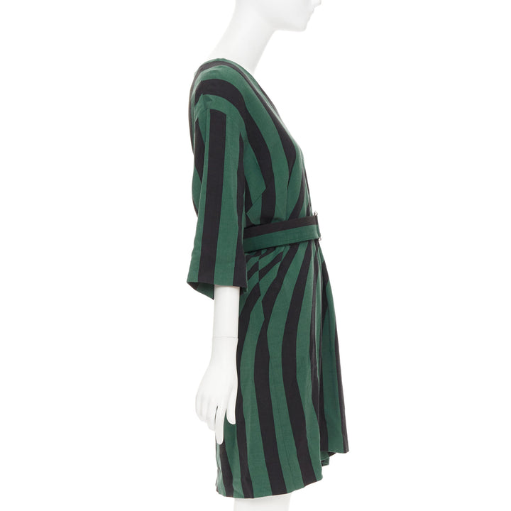 DRIES VAN NOTEN 2017 green black swirl stripes graphic belted dress FR42 XL