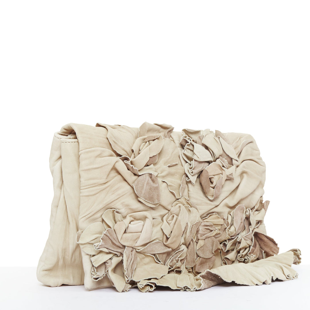 VALENTINO taupe leather crinkled petal rose applique flap crossbody bag