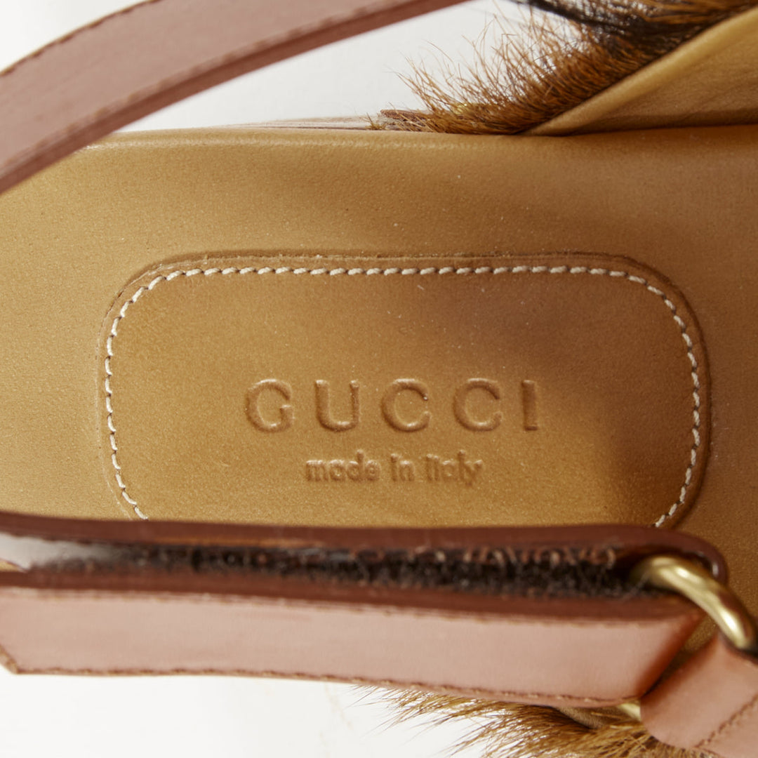 GUCCI 2015 brown calf hair horsebit studded slingback wood clogs EU38