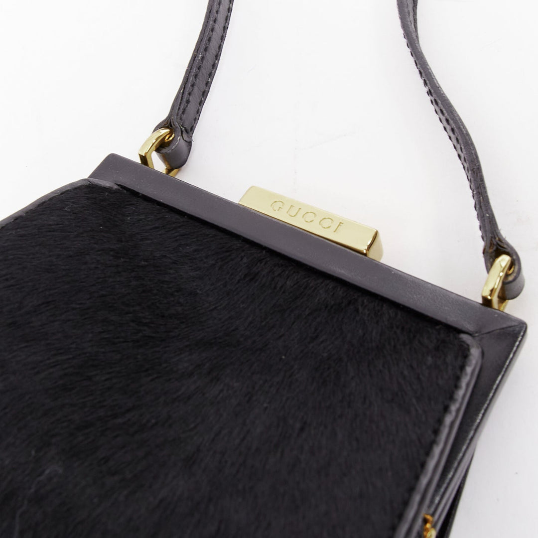 GUCCI Vintage Old Haroco black pony hair gold logo frame crossbody mini bag