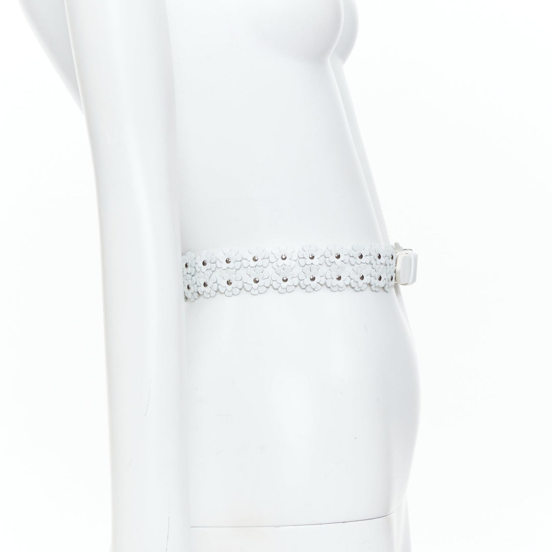 ALAIA 2022 white leather 3D floral petal laser cut studded slim waist belt 65cm